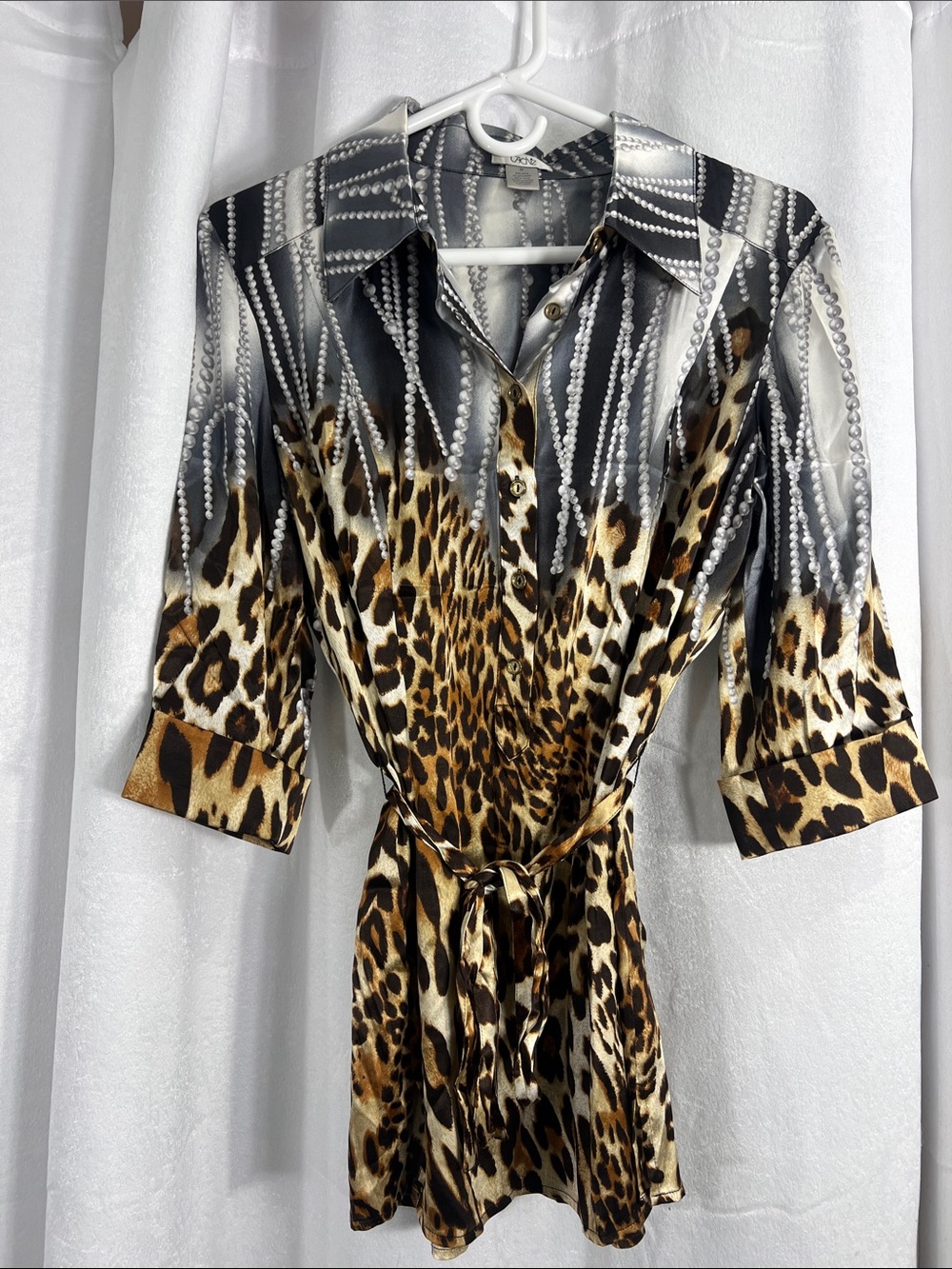 Caché 100% silk Leopard Print Button-Down shirt dress Pearl Chain vintage y2k